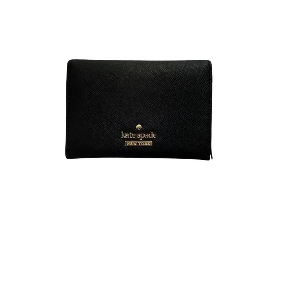 Kate Spade Womens Black Leather Snap Closure Gold Tone Bi-Fold Wallet